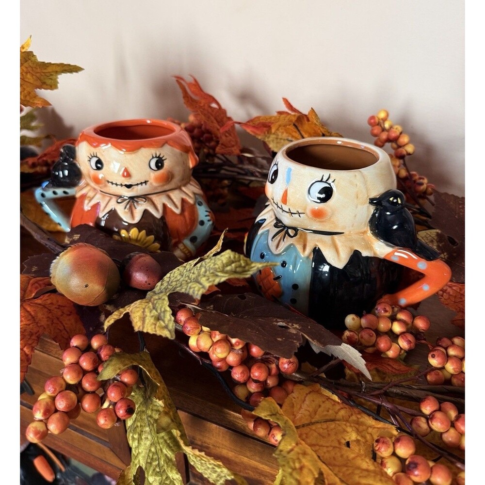 Johanna Parker Peep Mugs Harvest His & Hers Scarecrow Pumpkin Mugs Thanksgiving